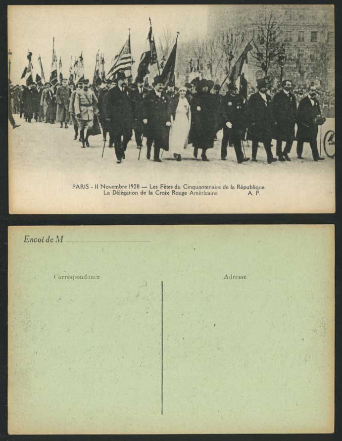 American Red Cross Procession Parade Street Scene, Flags Paris 1920 Old Postcard