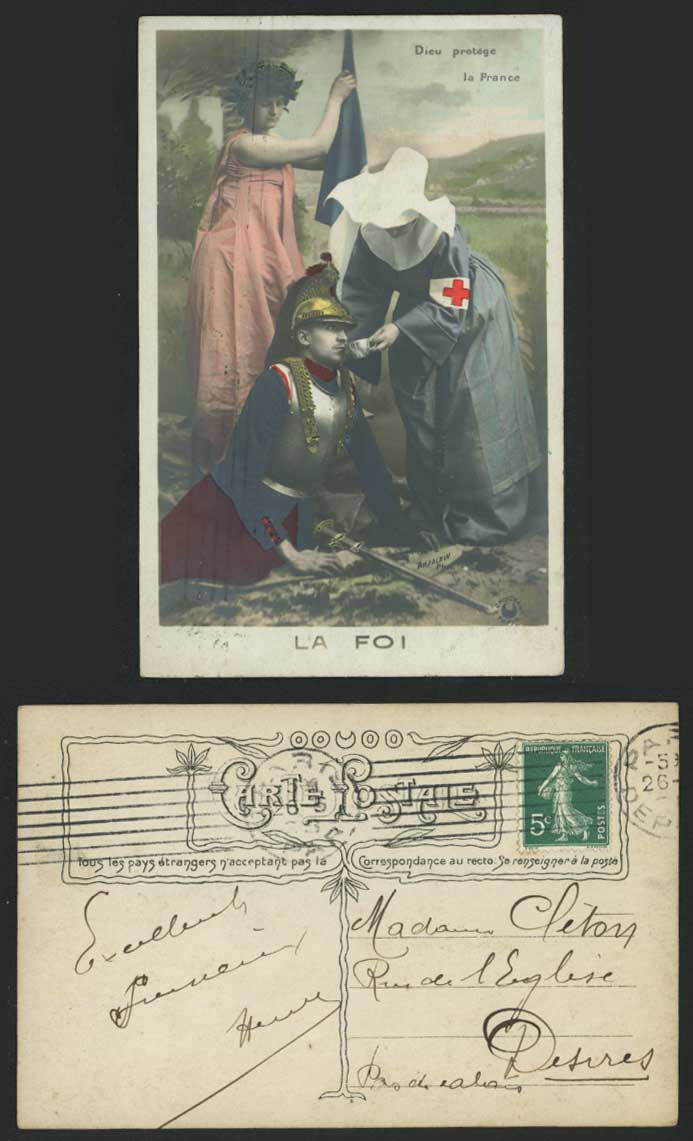 RED CROSS NURSE & Soldier Dieu Protege la France La Foi Old Hand Tinted Postcard