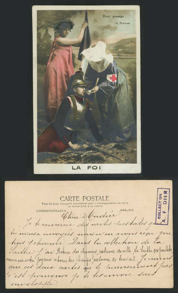 RED CROSS NURSE Helps Soldier Drinking, God Protects France, La Foi Old Postcard