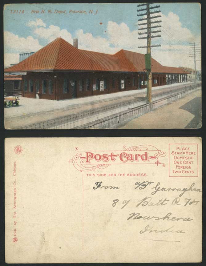 USA Old Colour Postcard Erie R.R. Depot, Paterson, Railroad Station Railway N.J.