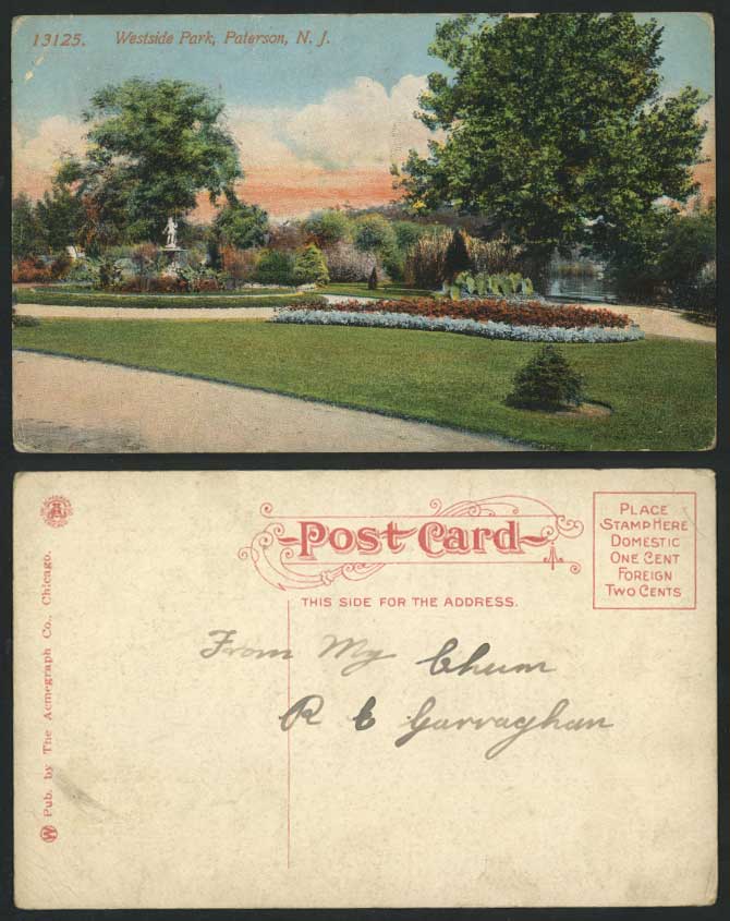 USA Old Colour Postcard Westside Park Paterson New Jersey N.J. Statue & Fountain