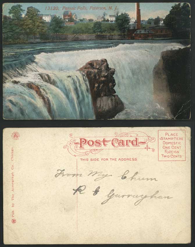 USA Old Colour Postcard Passaic River Paterson Rocks & Watefalls New Jersey N.J.