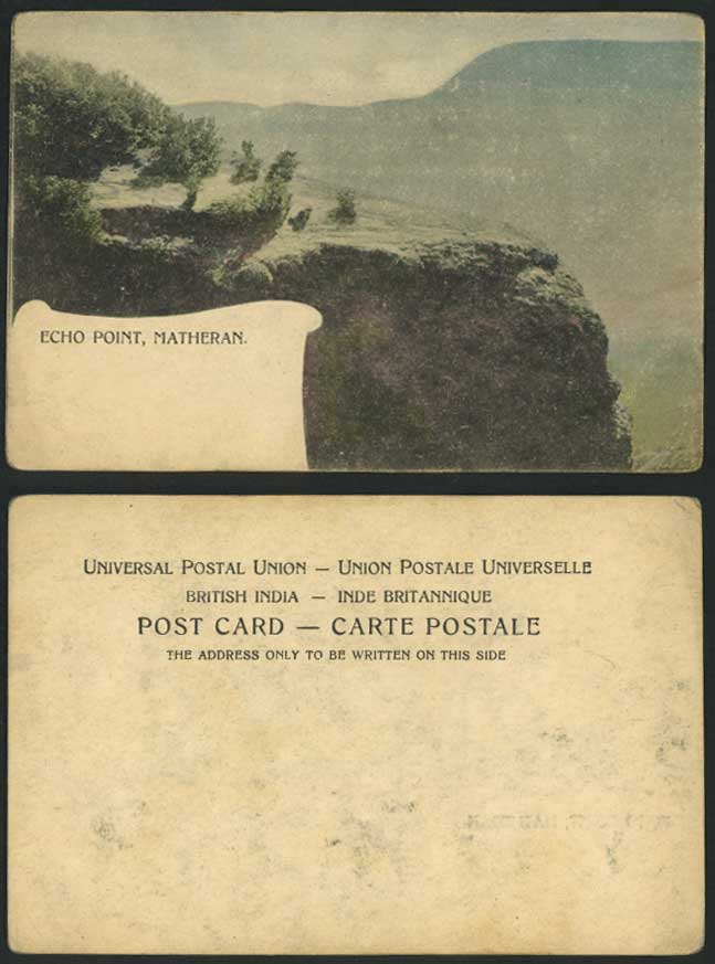 India ECHO POINT MATHERAN Old Hand Tinted Postcard Mountains Rock Undivided Back
