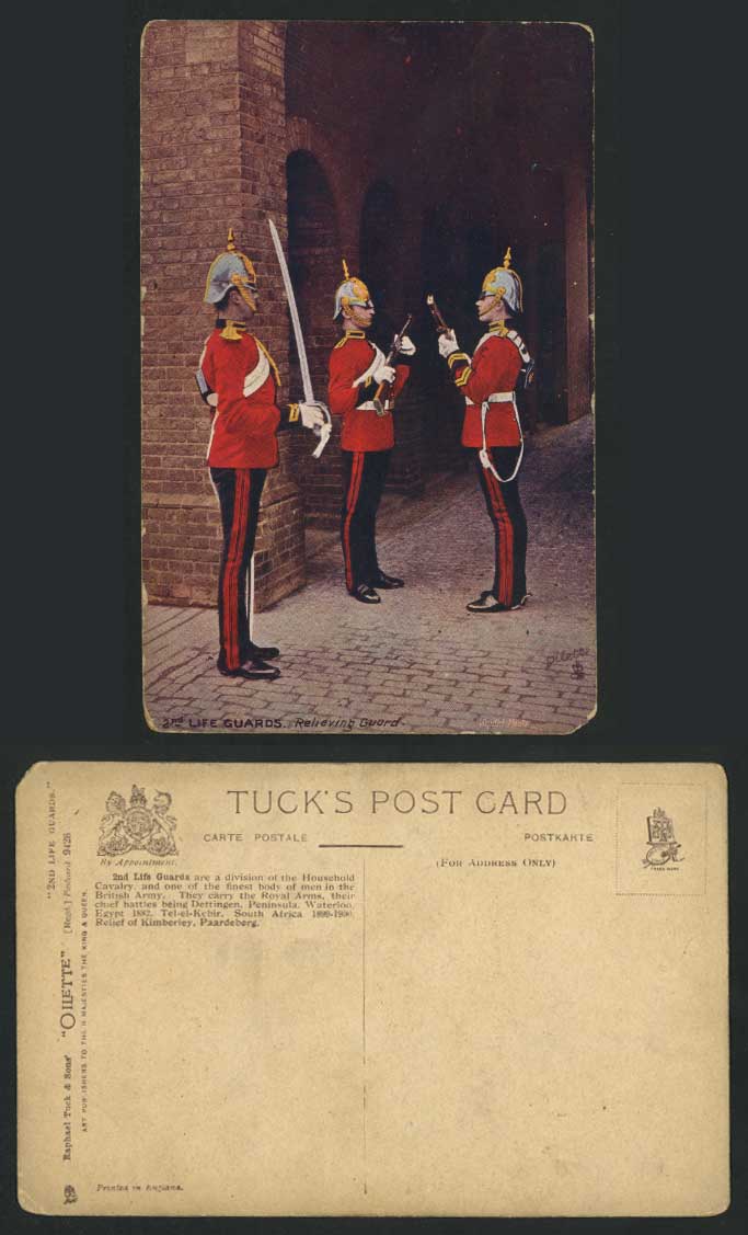 British Army, 2nd Life Guards, Relieving Guard Old Tuck's Oilette Postcard Guns