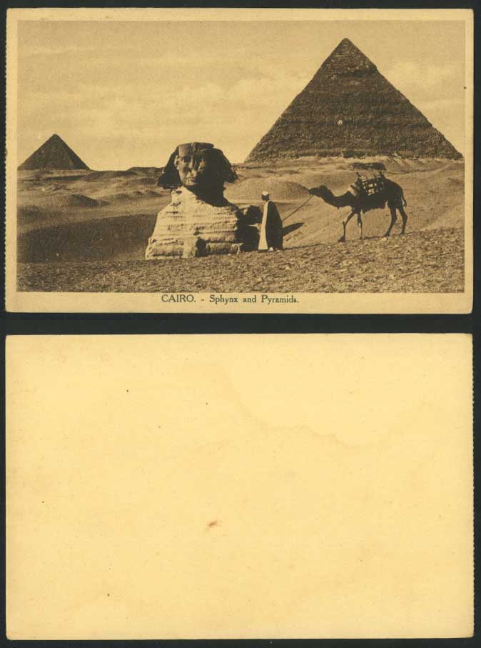 Egypt Old Postcard Cairo, Pyramids Giza Sphinx Sphynx Native Man & Camel, Desert
