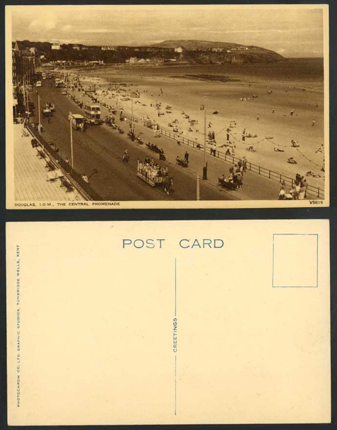 Isle of Man Old Postcard CENTRAL PROMENADE, Douglas, Horse Tram Bus Beach Street
