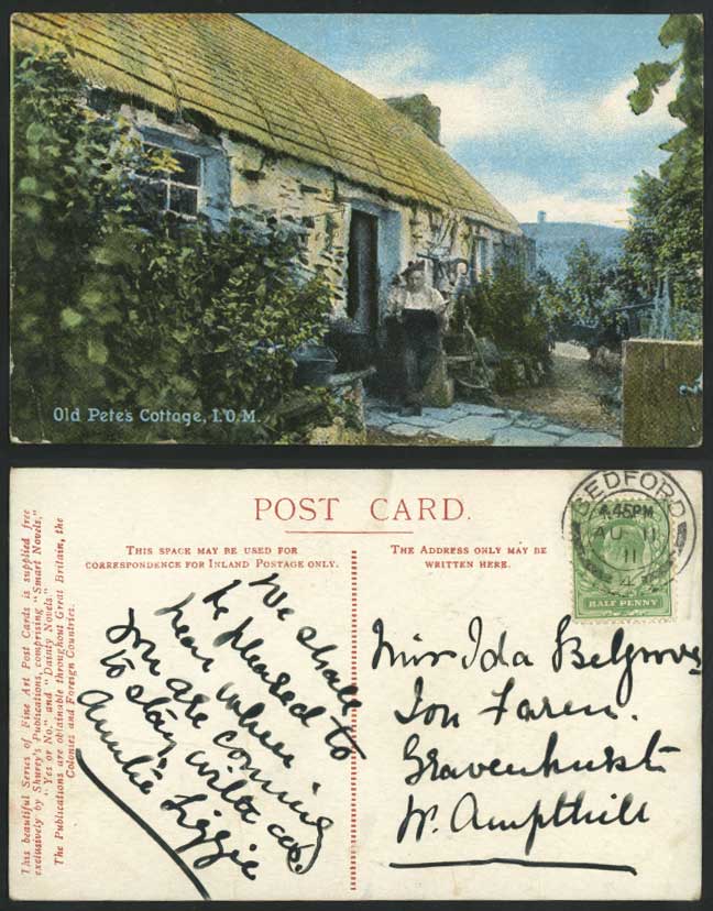 Isle of Man, Old Pete's Cottage 1911 Vintage Colour Postcard Man Reading a Book