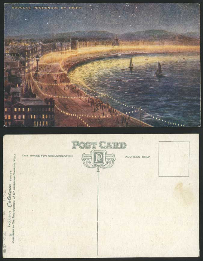 Isle of Man Douglas Promenade by Night By Night Street Scene Old Colour Postcard