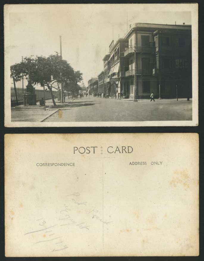 Egypt 1919 Old Postcard Port Said Francis Joseph Street, Queen Victoria Fountain
