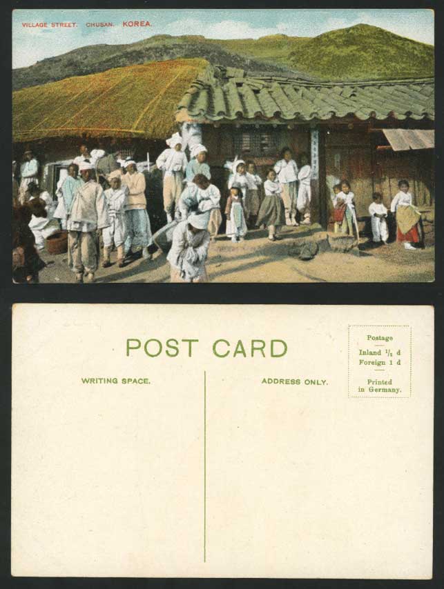 KOREA Old Colour Postcard Village Street Scene CHUSAN Korean Children Boys Girls