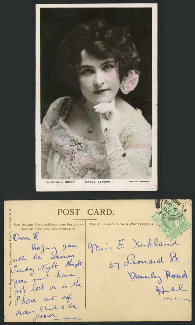 Edwardian Actress Miss Madge Lessing 1905 Old Hand Tinted Real Photo Postcard RP
