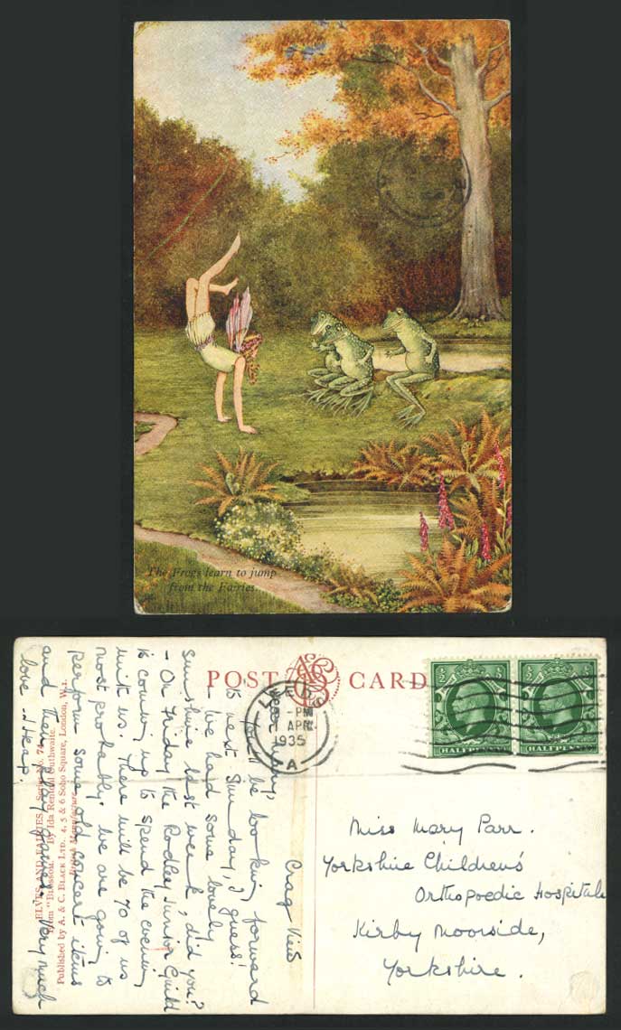 I.R. OUTHWAITE 1935 Old Postcard Frogs Learn to Jump from Fairies, from Blossom