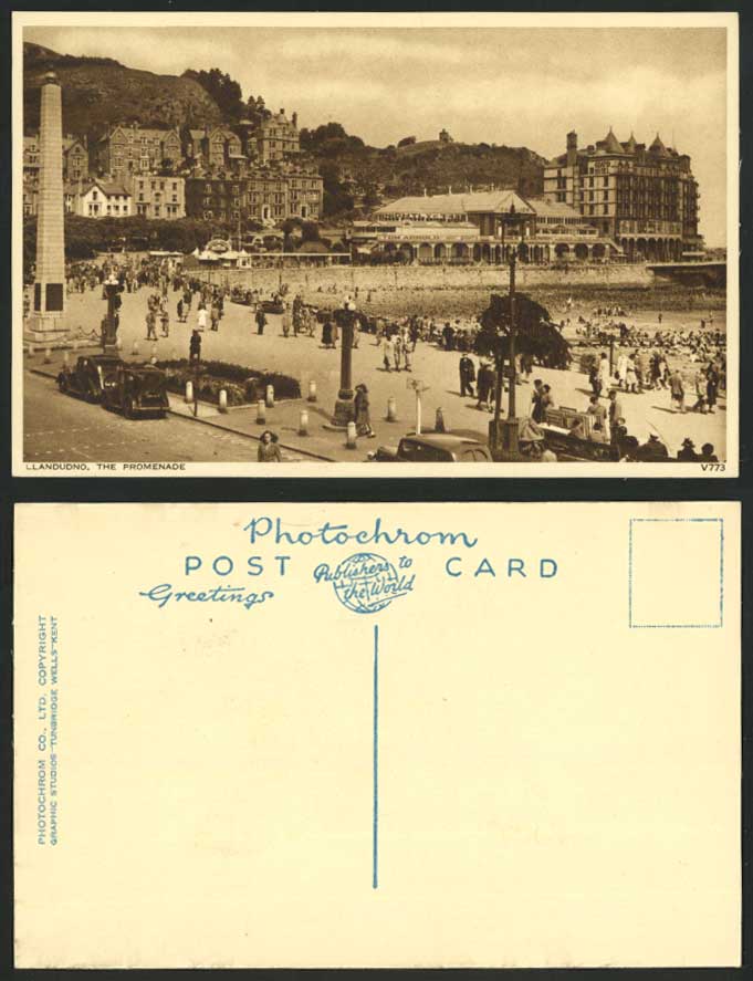 Llandudno Old Postcard The Promenade, Beach Monument, Street, Vintage Motor Cars