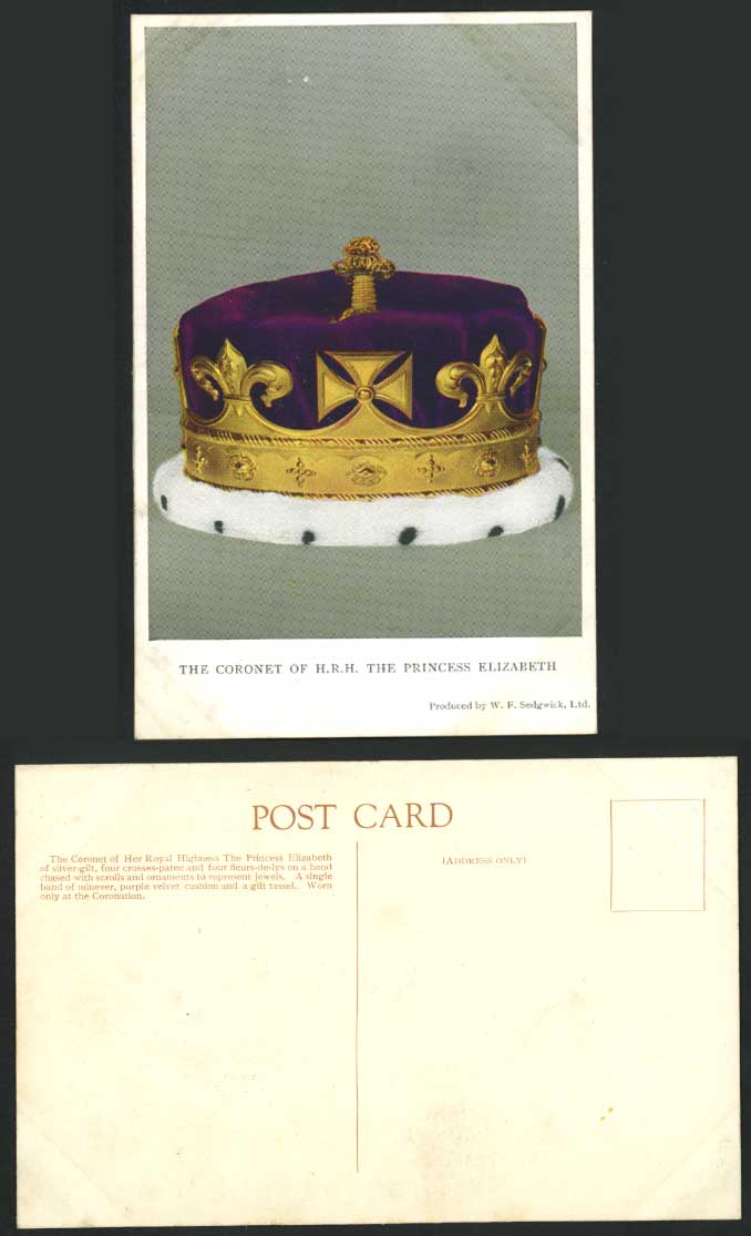 The Coronet of H.R.H. Princess Elizabeth - Worn only at Coronation Old Postcard