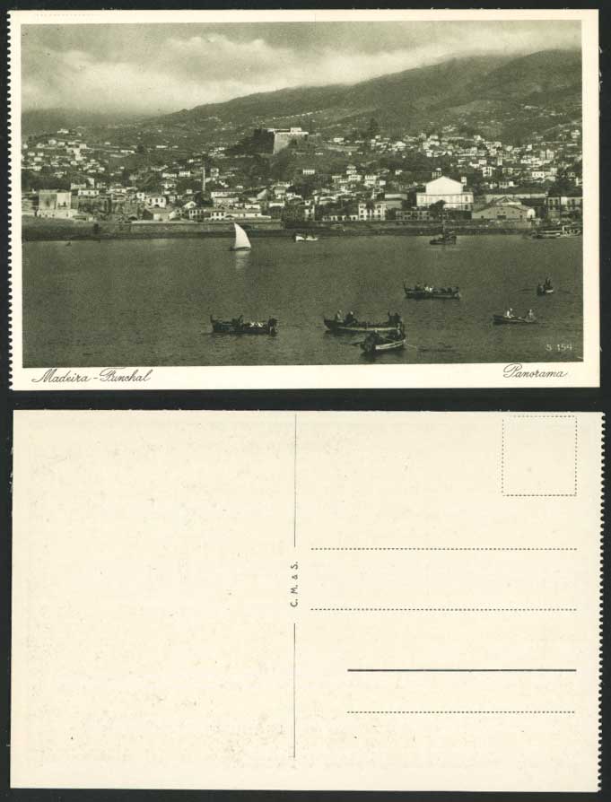 Portugal Old Postcard MADEIRA FUNCHAL, Panorama General View Harbour Boats Hills