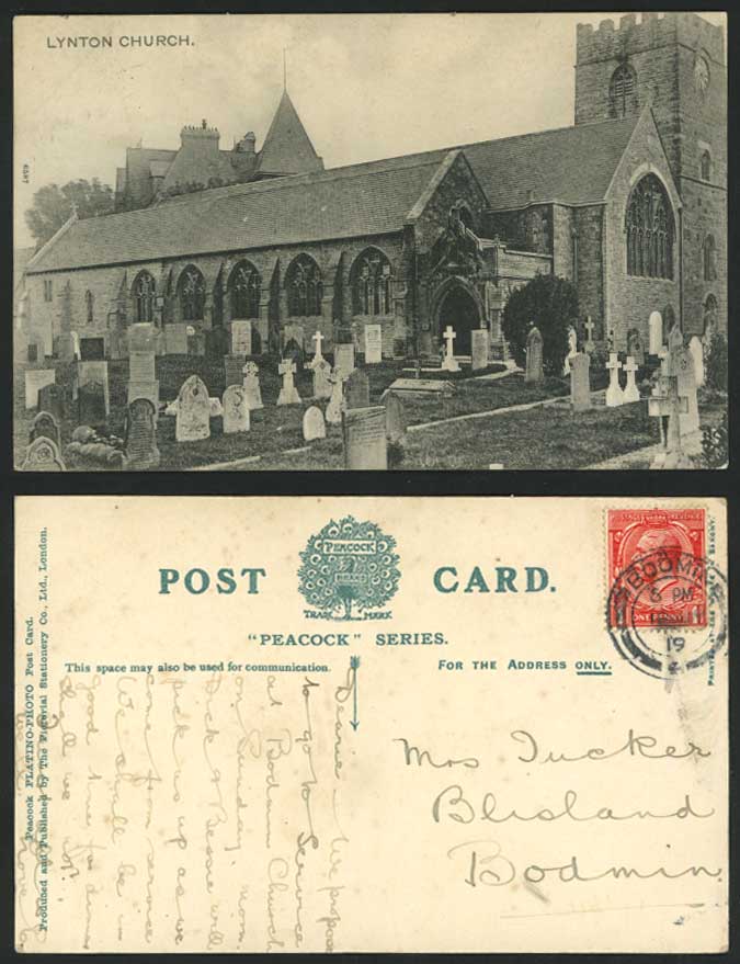 LYNTON CHURCH & Churchyard Devon 1919 Old Postcard Tombstones Tombs Graves Cross