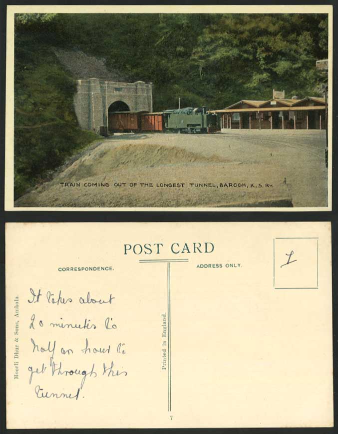 India Old Postcard Locomotive TRAIN Out of Longest Tunnel BAROGH Railawy Station