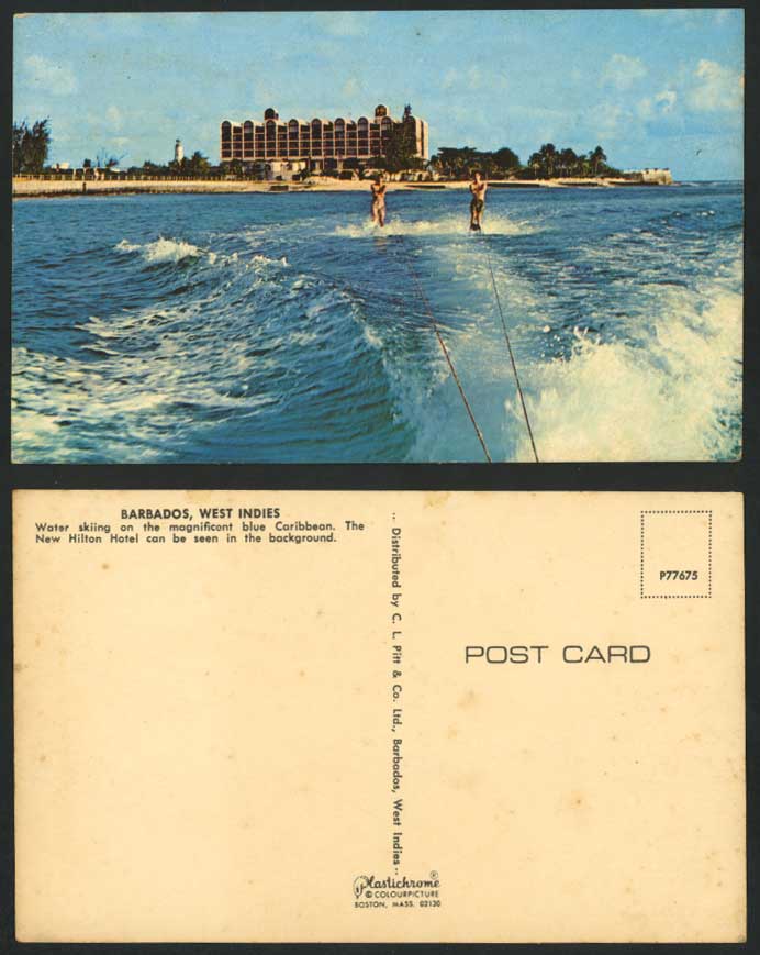 Barbados 1960 Old Postcard WATER SKIING on Blue Caribbean New Hilton ...