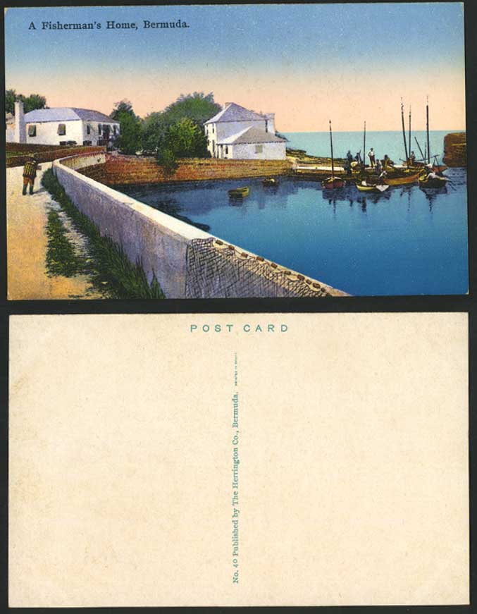 Bermuda Old Colour Postcard A Fisherman's Home Fishing Boats Harbour Fishery