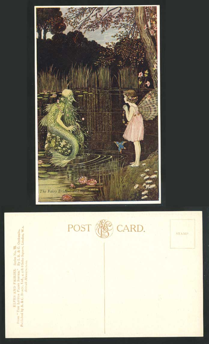 IR & G OUTHWAITE Old Postcard FAIRY BRIDGET & THE MERMAN, Elves & Fairies Sister