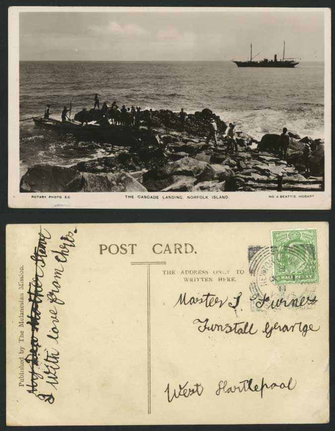 NORFOLK ISLAND The Cascade Landing Steamer, Melanesian Mission 1911 Old Postcard