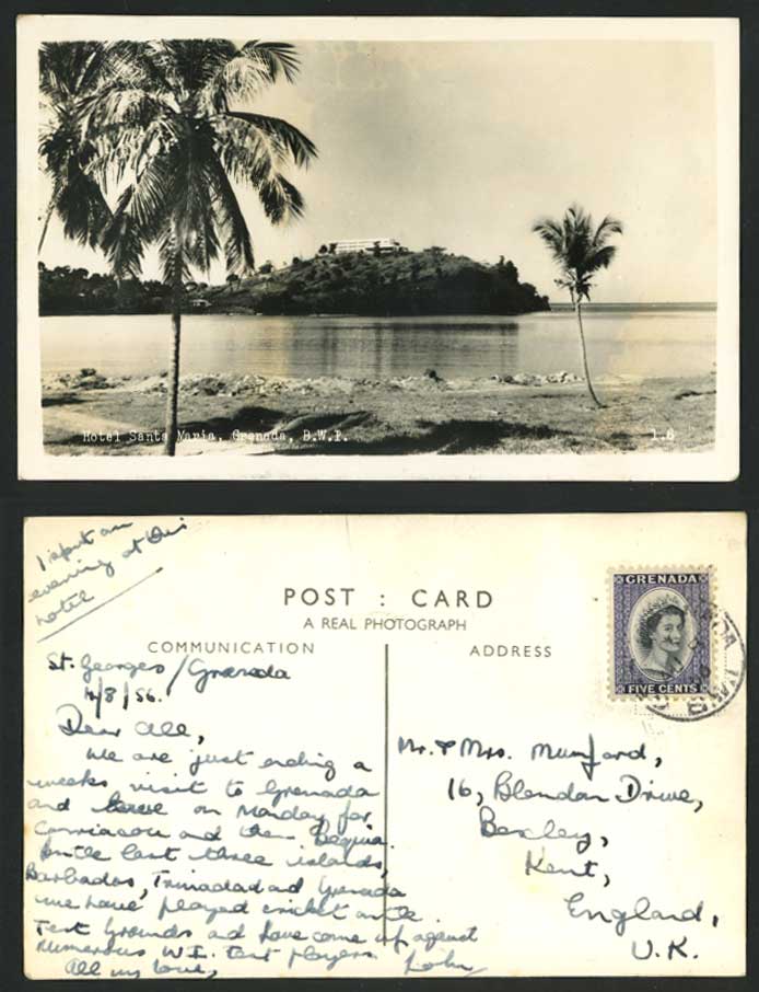 Grenada, HOTEL SANTA MARIA B.W.I QEII 5c 1956 Old Real Photo Postcard Palm Trees