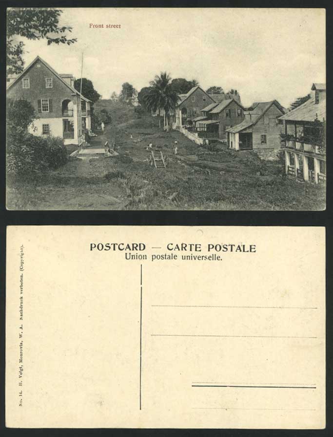Liberia Old Postcard Monrovia Front Street, Street Scene, Houses Palm Trees Cart