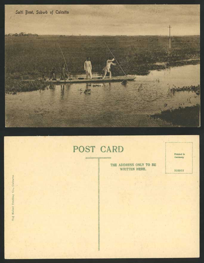 India Old Postcard Salti Boat, Suburb of Calcutta, Native Canoe Men & Boys River