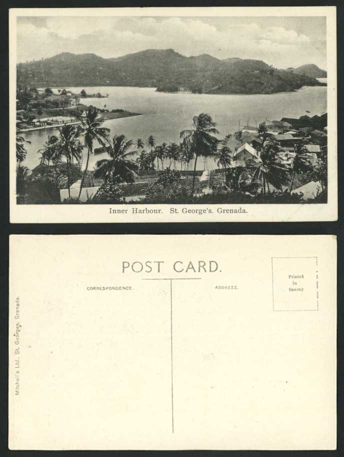 Grenada Old Postcard ST. GEORGE'S Inner Harbour Boats Palm Trees Mountains Hills