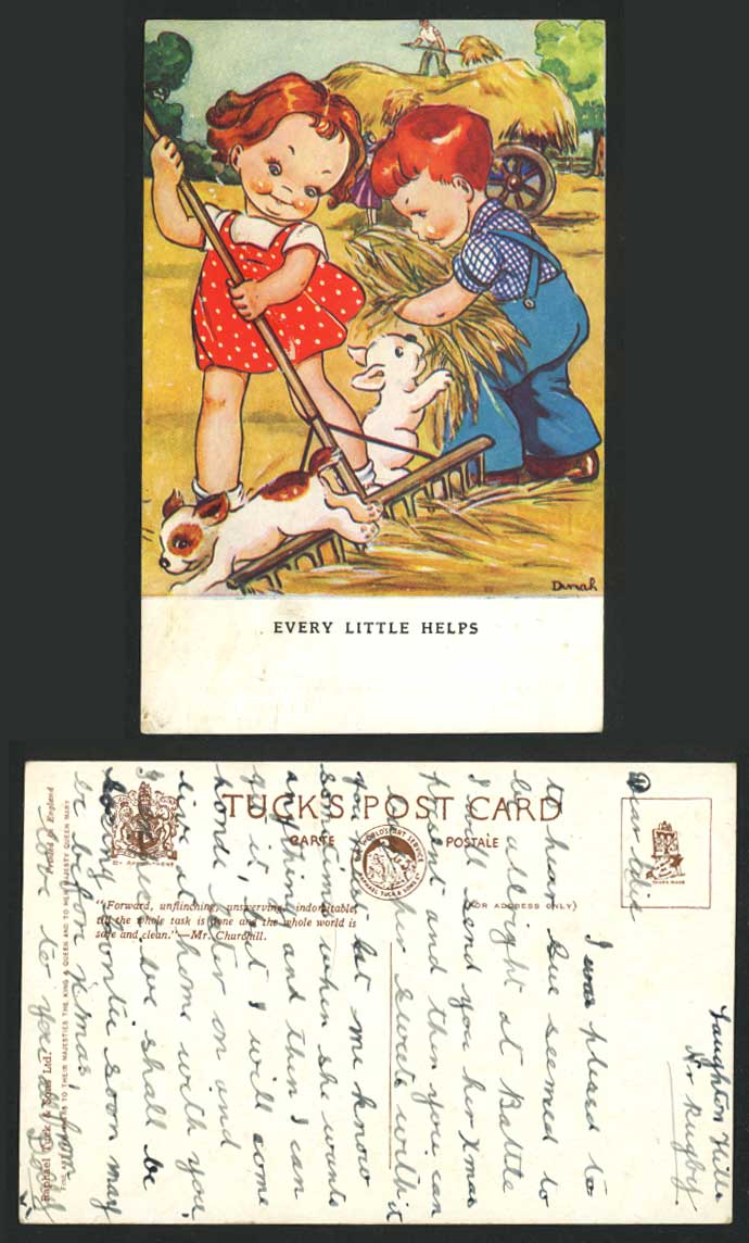 DINAH Artist Old Tuck's Postcard Every Little helps Dogs Puppies Girl Boy Farmer