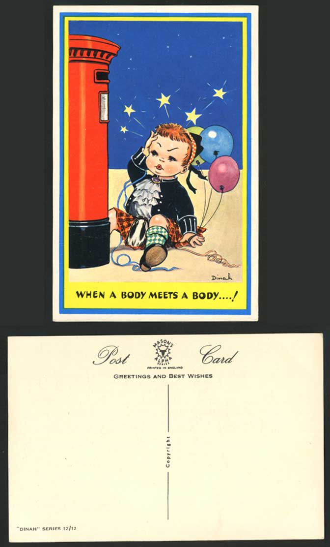 DINAH Artist Signed Old Postcard When a Body Meets a Body Postbox & Scottish Boy