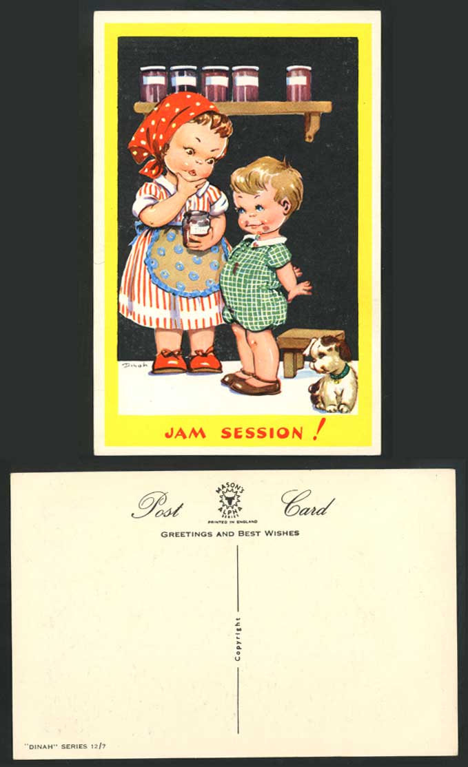 DINAH Artist Signed Old Postcard JAM SESSION! Little Girl Boy Dog Puppy Jam Jars