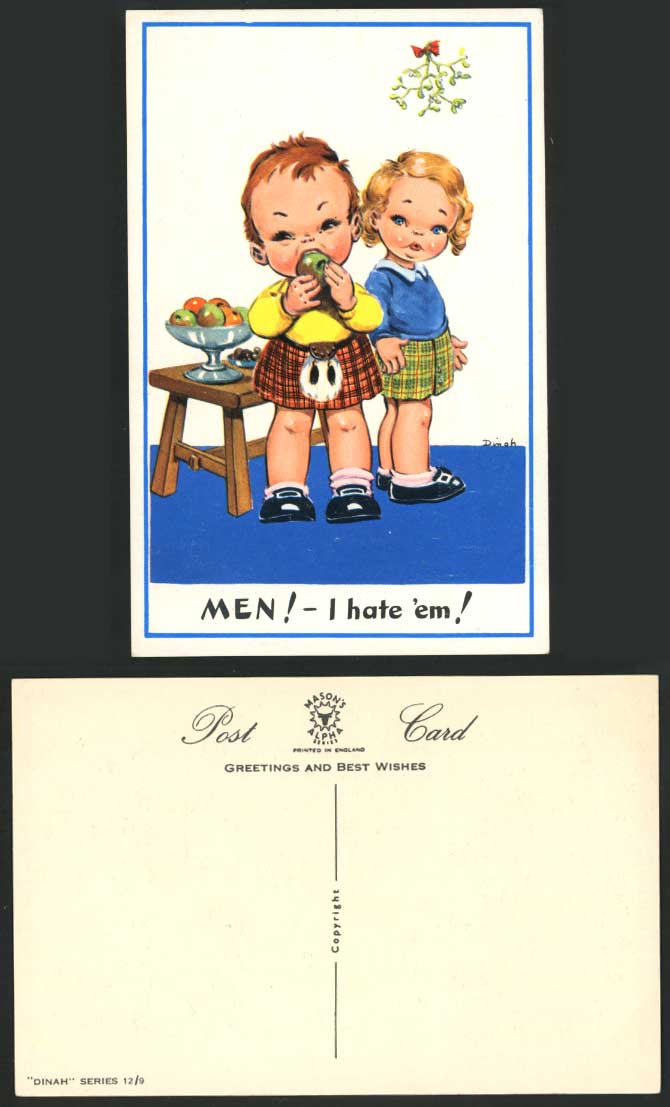 DINAH Artist Signed Old Postcard Men! - I hate 'em! Scottish Boy Eating An Apple