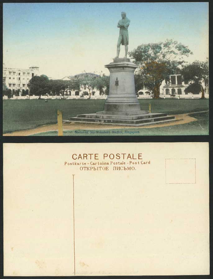 Singapore Old Hand Tinted Postcard SIR STAMFORD RAFFLES Statue Monument Memorial