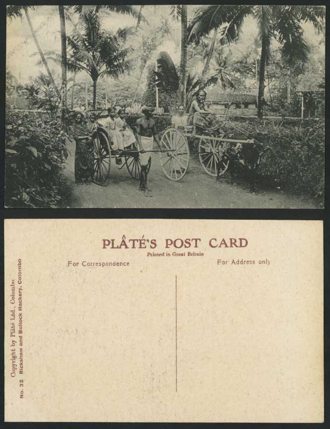 Ceylon Old Postcard Rickshaw & Bullock Hackery Colombo, Cart Coolie Street Scene