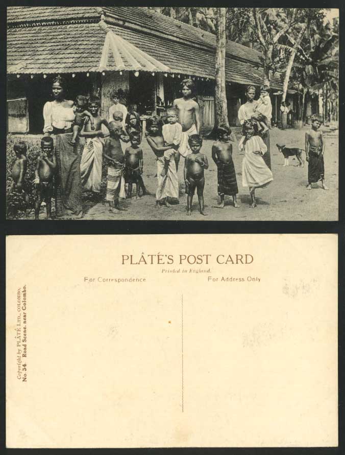 Ceylon Old Postcard Road Scene near Colombo DOG Native Children Native Boys Girl