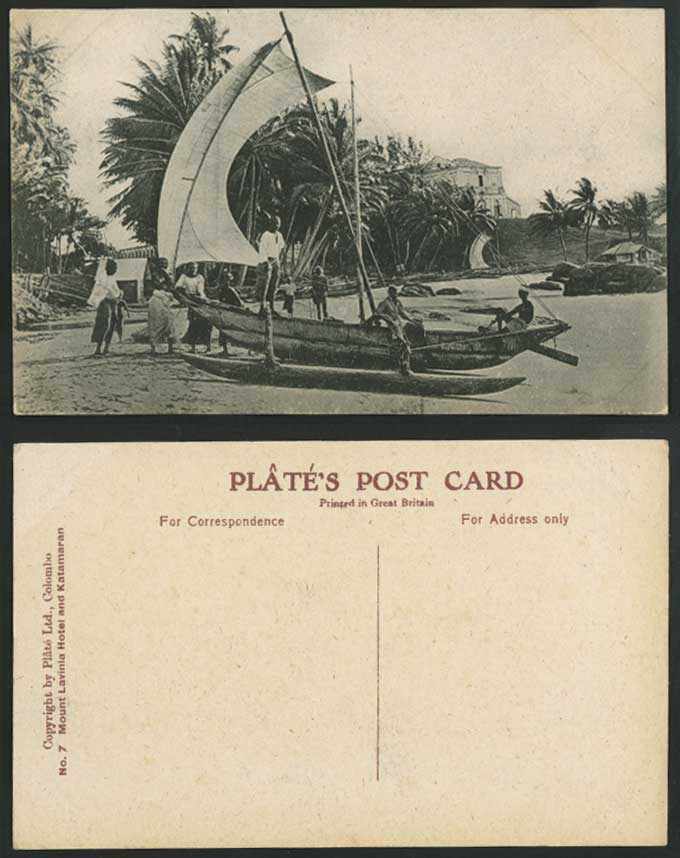 Ceylon Old Postcard Mount Lavinia Hotel and Katamaran Beach Fishing Boat Colombo