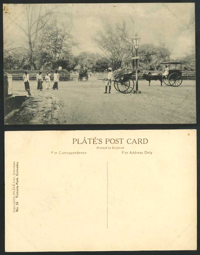 Ceylon Old Postcard Victoria Park, Colombo, Rickshaw Coolie Horse & Bullock Cart