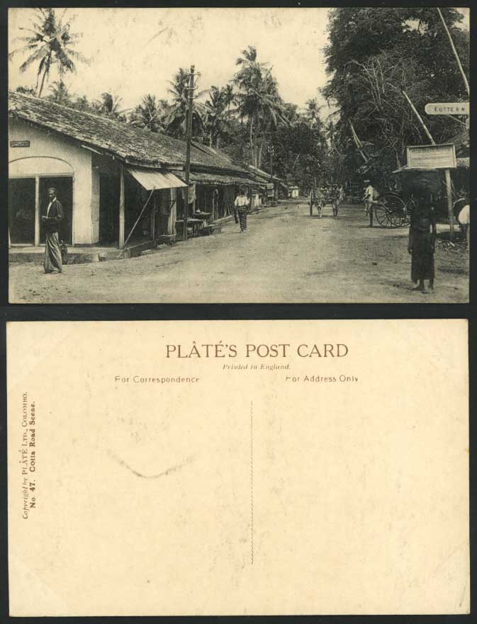 Ceylon Old Postcard Kotte Kotta Cotta Road Scene, Rickshaw & Coolie, Cattle Cart