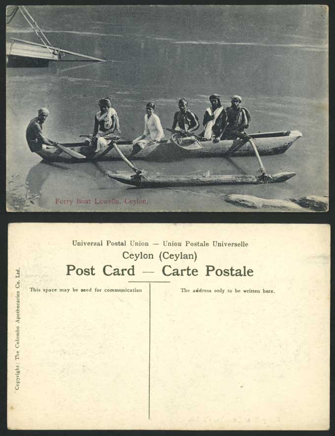 Ceylon Old Postcard FERRY BOAT, LEWELLA, Native Canoe Men Lady Woman Ethnic Life
