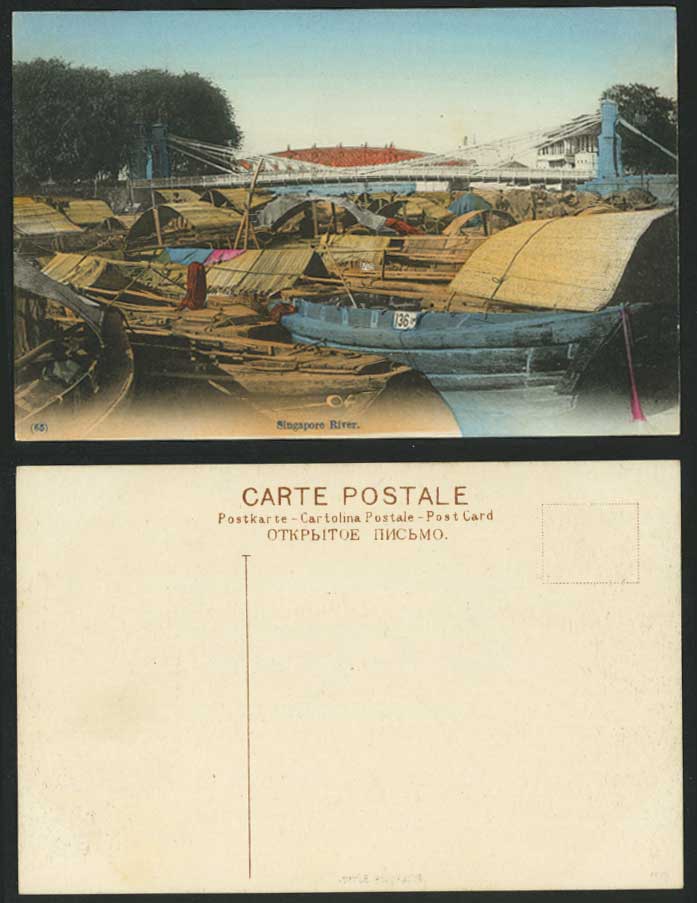 Singapore River Scene Bridge Sampan Native Boat Harbour Old Hand Tinted Postcard