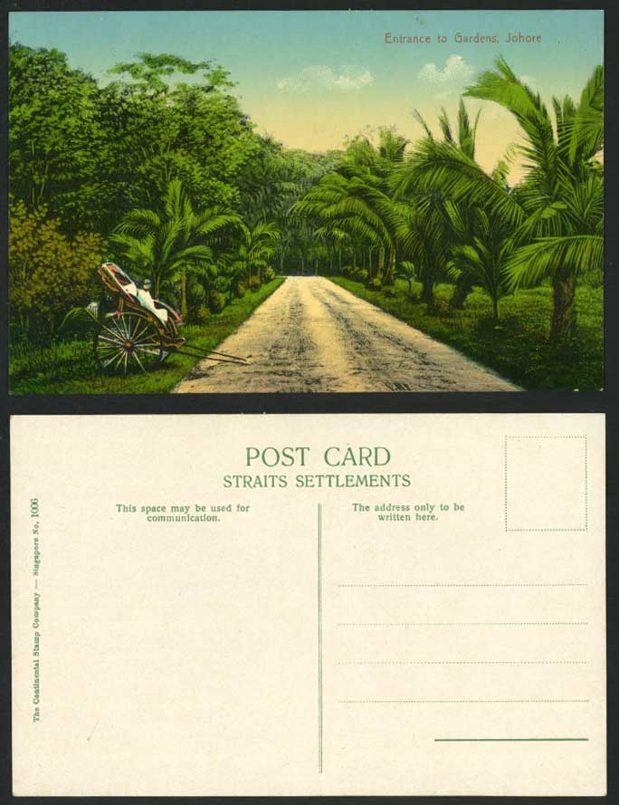 JOHORE Old Colour Postcard Entrance to Gardens Rickshaw Tree Straits Settlements