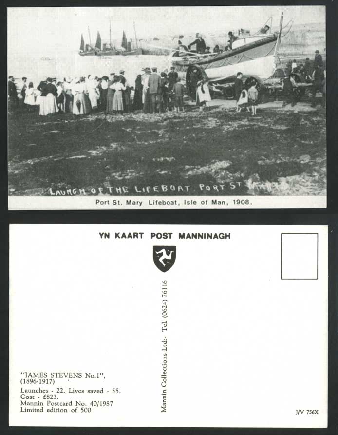 Isle of Man, Port St. Mary, Launch of Lifeboat 1908 Postcard James Stevens No. 1