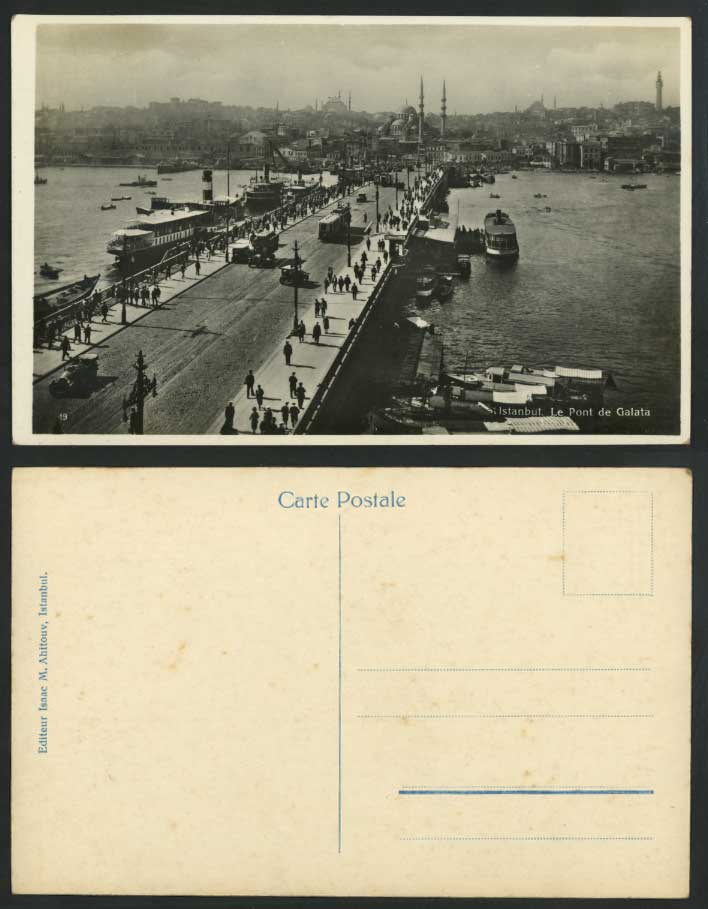 Turkey Istanbul Pont de Galata Bridge Steamer Boat Harbor Old RP Postcard Mosque