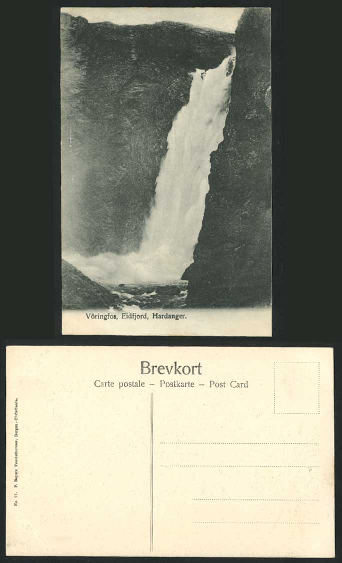 Norway Voringfos Eidfjord Hardanger Voringfoss Waterfall Norge Rock Old Postcard