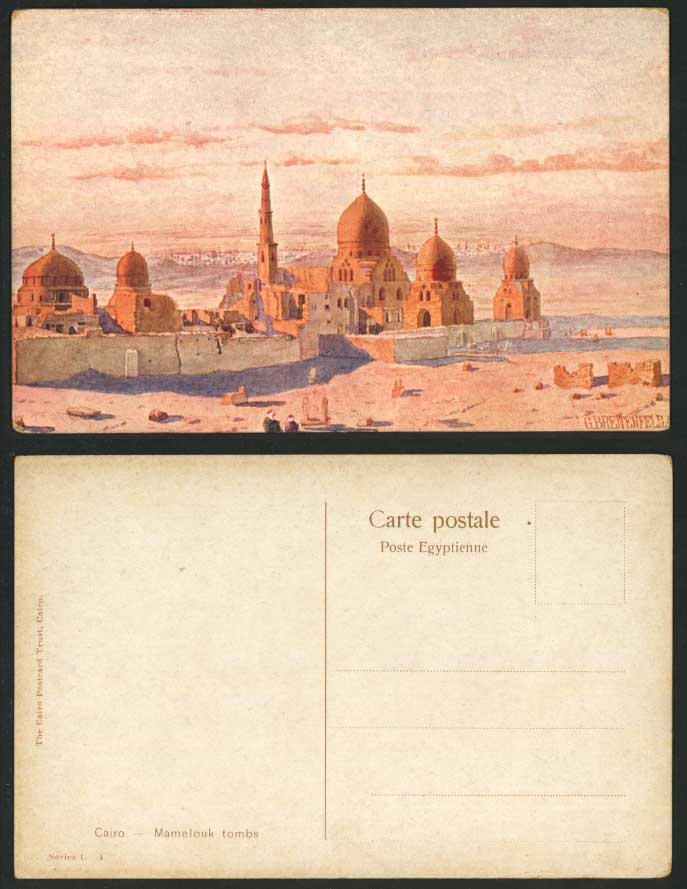 Egypt G. Breitenfeld Artist Signed Old Postcard Cairo Mamelouks Tombs Sunset ART