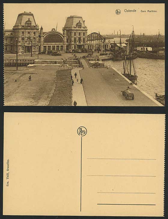 Ostende Gare Maritime Ferry Terminal Station Harbour Ship Boat Cars Old Postcard
