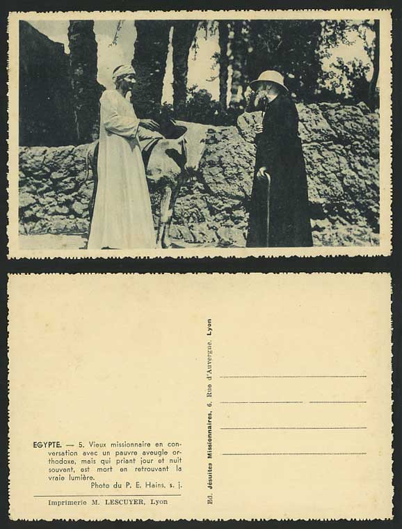 Egypt Old Postcard Donkey Old Missionary conversation with a Poor Blind Orthodox