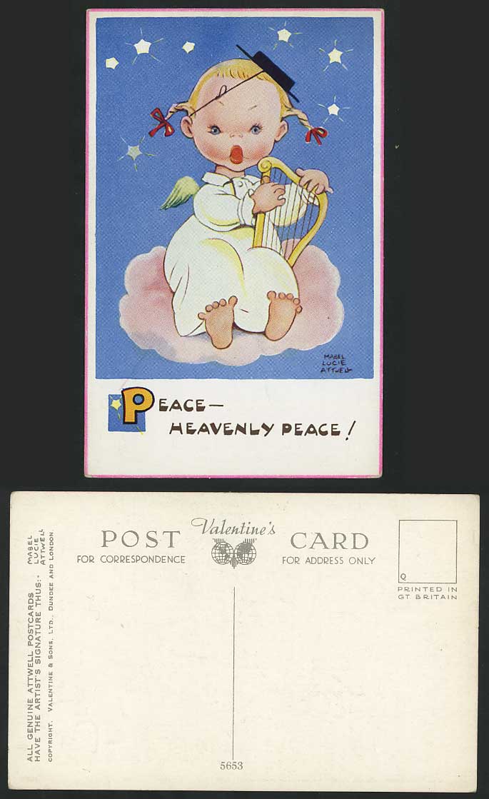 MABEL LUCIE ATTWELL Old Postcard Girl Angel Harp Cloud Peace Heavenly Peace 5653