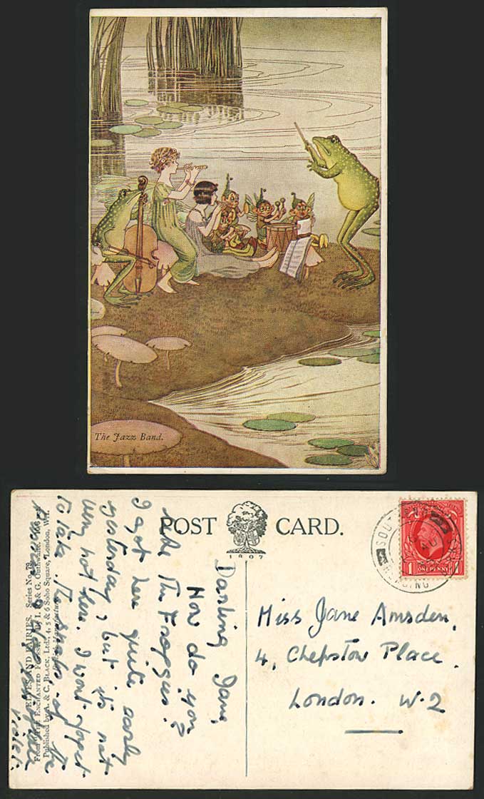 IR&G OUTHWAITE 1935 Old Postcard JAZZ BAND Frogs Elves, Fairies Enchanted Forest